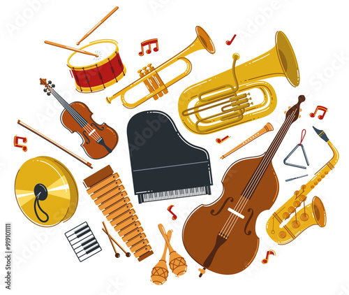 Classical music instruments composition vector flat style illustration isolated on white, classic orchestra acoustic sound, concert or festival, diversity of musical tools.