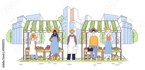 Farmers market vendors with fresh produce eco-friendly urban agriculture city backdrop minimalistic style