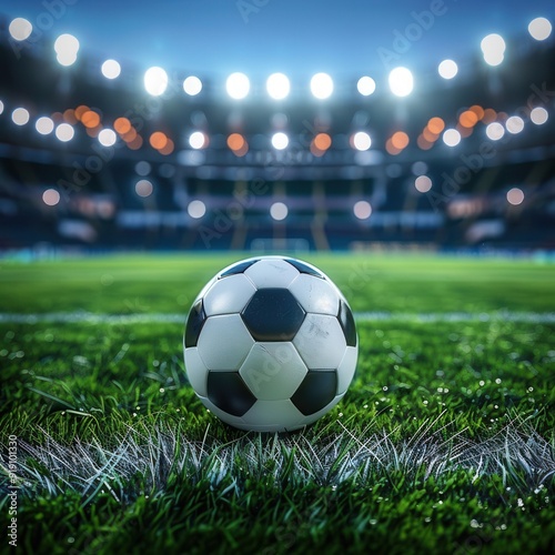 Soccer ball on vibrant green grass, central position in a vast stadium, glowing under intense spotlights, dusk ambiance