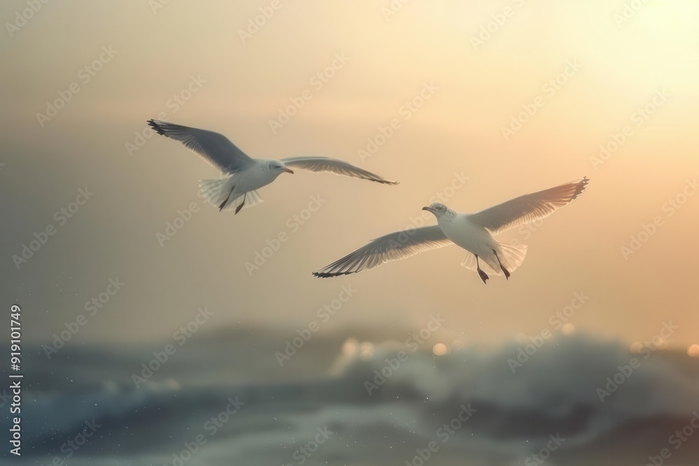 Obraz premium Two birds in flight above the sea, generative AI.