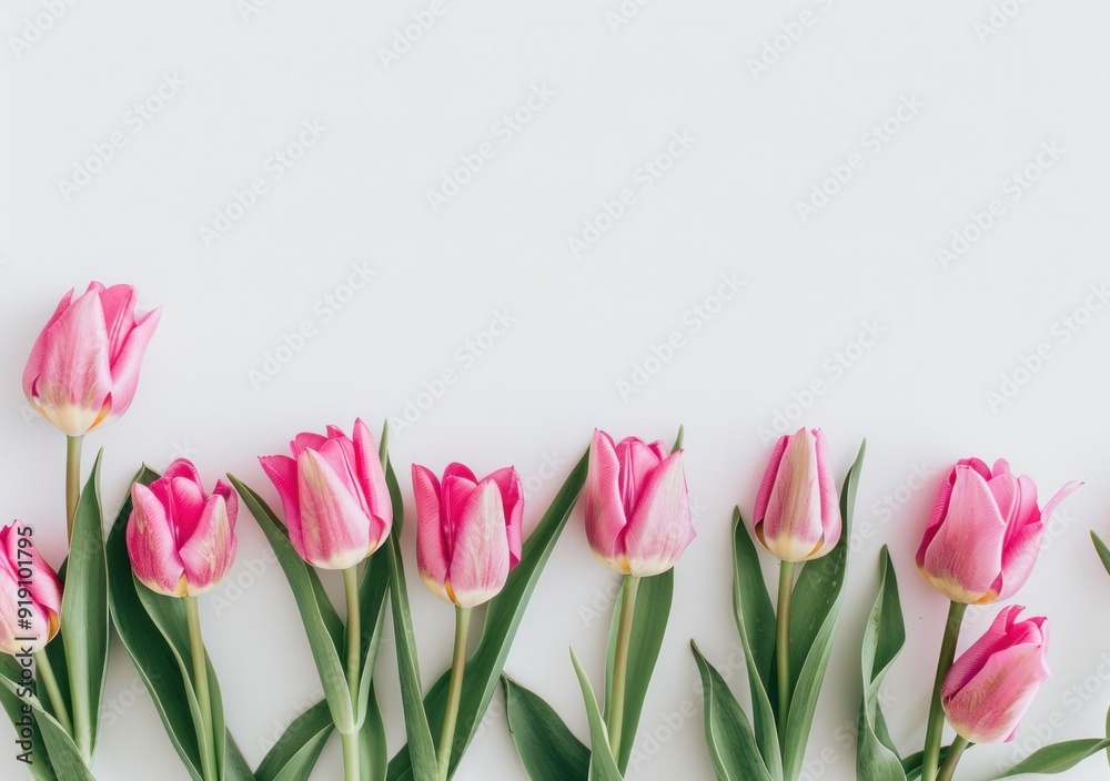 Pink tulips arranged in a row on a light background, creating a delicate and fresh floral display Pink tulips arranged in a row on a light background, creating a delicate and fresh floral display