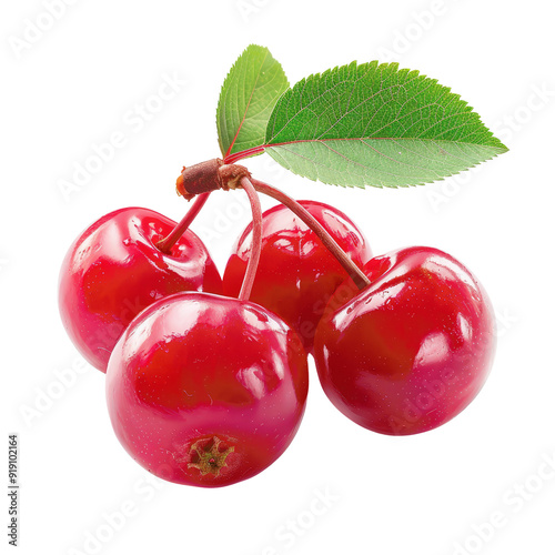 Four red cherries with green leaves on top photo