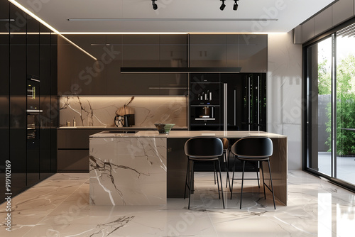 Front view of a modern designer kitchen with smooth handleless cabinets with black edges, black glass appliances, a marble island and marble countertops