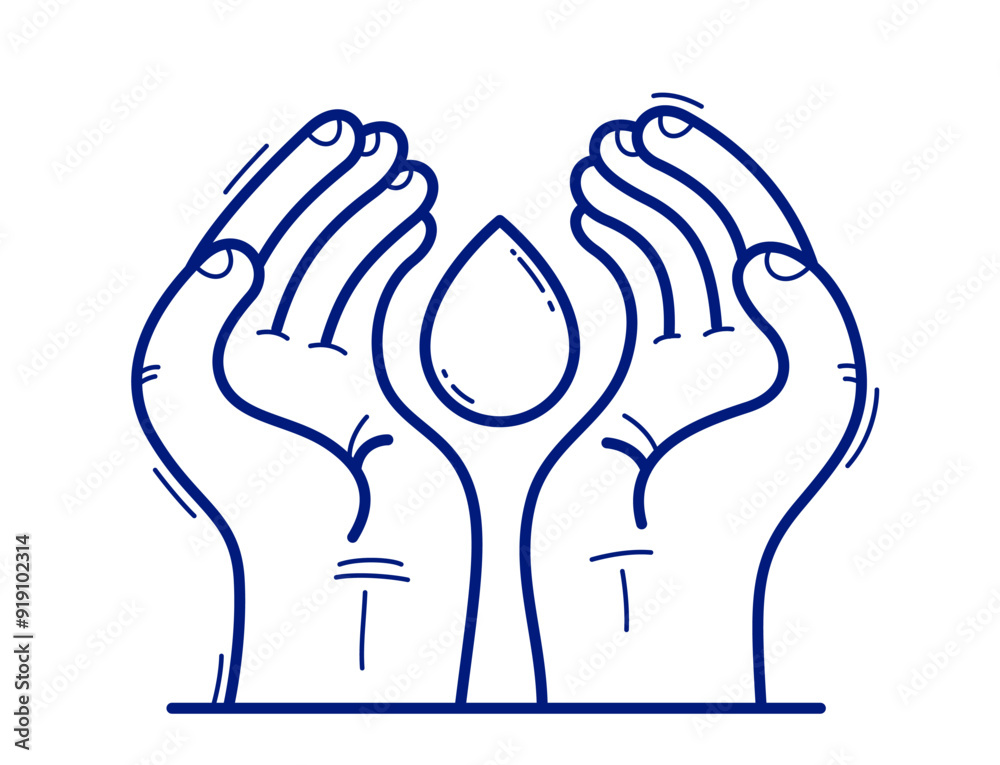 Two hands with water drop protecting and showing care vector flat style illustration isolated on white, cherish and defense for fresh water concept, world water day. Two hands with water drop protecting and showing care vector flat style illustration isolated on white, cherish and defense for fresh water concept, world water day.
