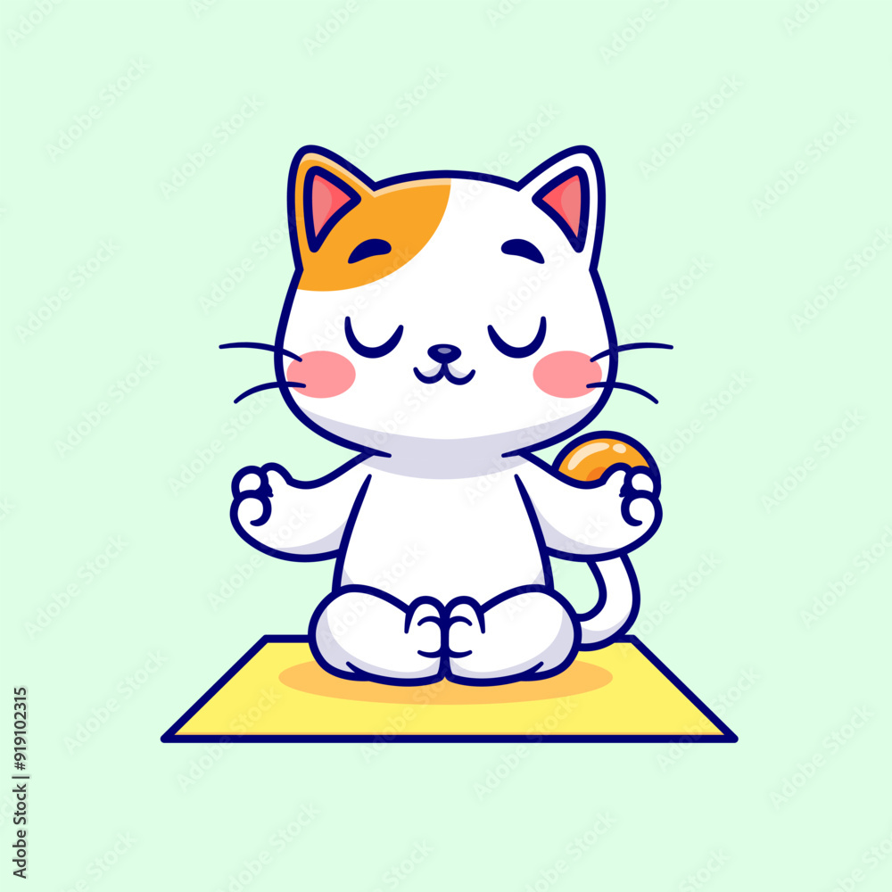 Fototapeta premium Cute Cat Meditation Yoga On Mattress Cartoon Vector Icon Illustration. Animal Sport Icon Concept Isolated Premium Vector. Flat Cartoon Style 