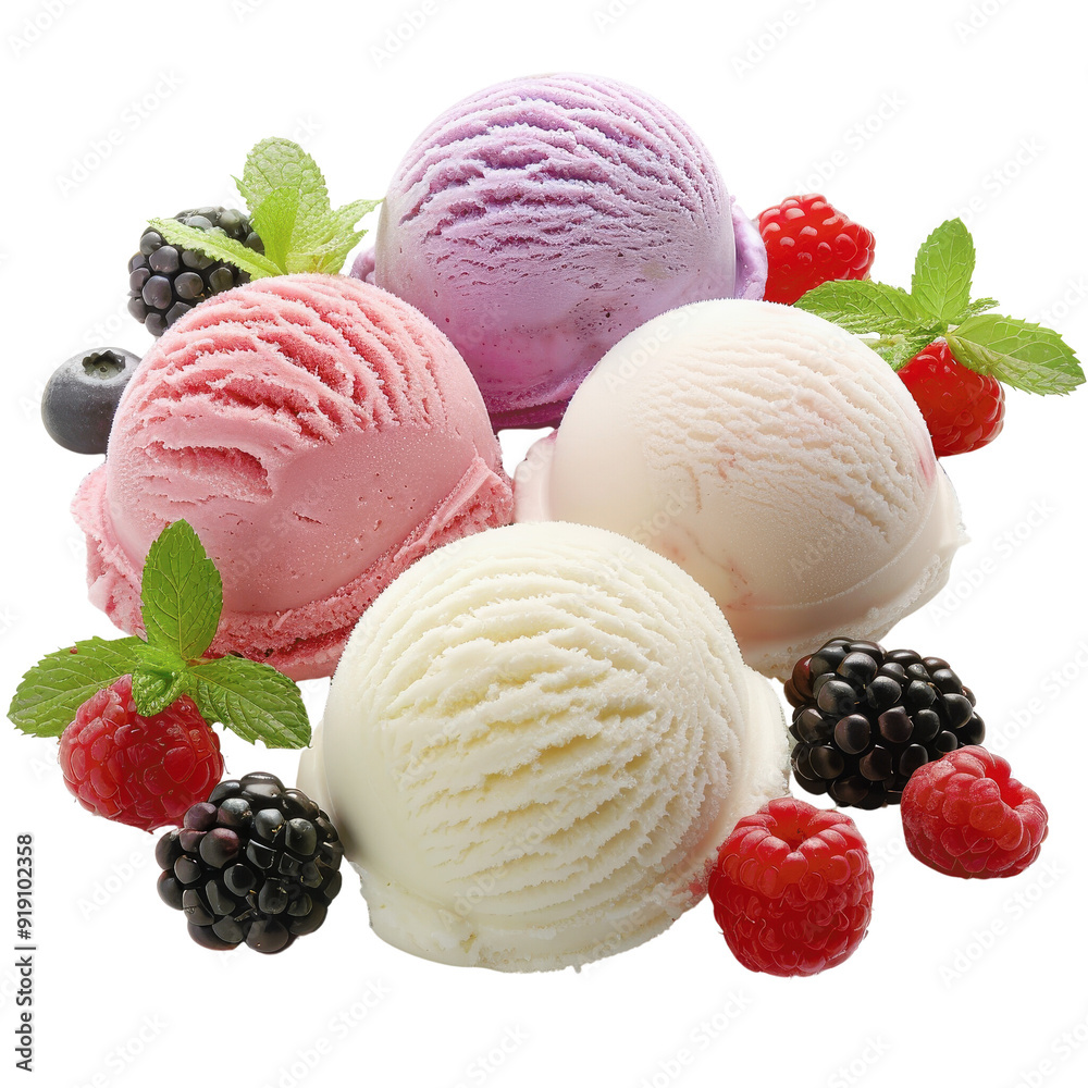 A close up of four different colored ice cream scoops with raspberries