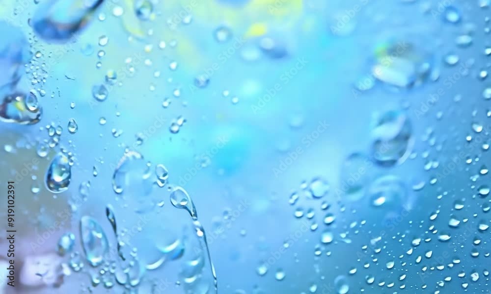 Aqua Rhapsody: Raindrops dance on a window pane, refracting light into a mesmerizing blue symphony of nature's artistry.