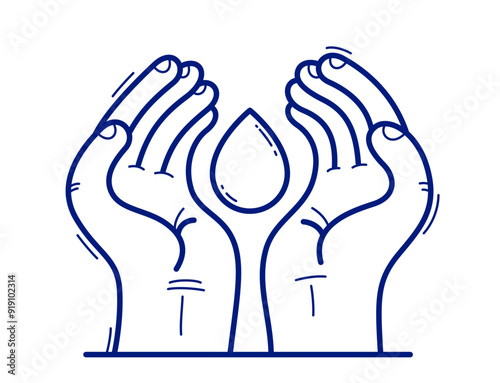 Two hands with water drop protecting and showing care vector flat style illustration isolated on white, cherish and defense for fresh water concept, world water day.