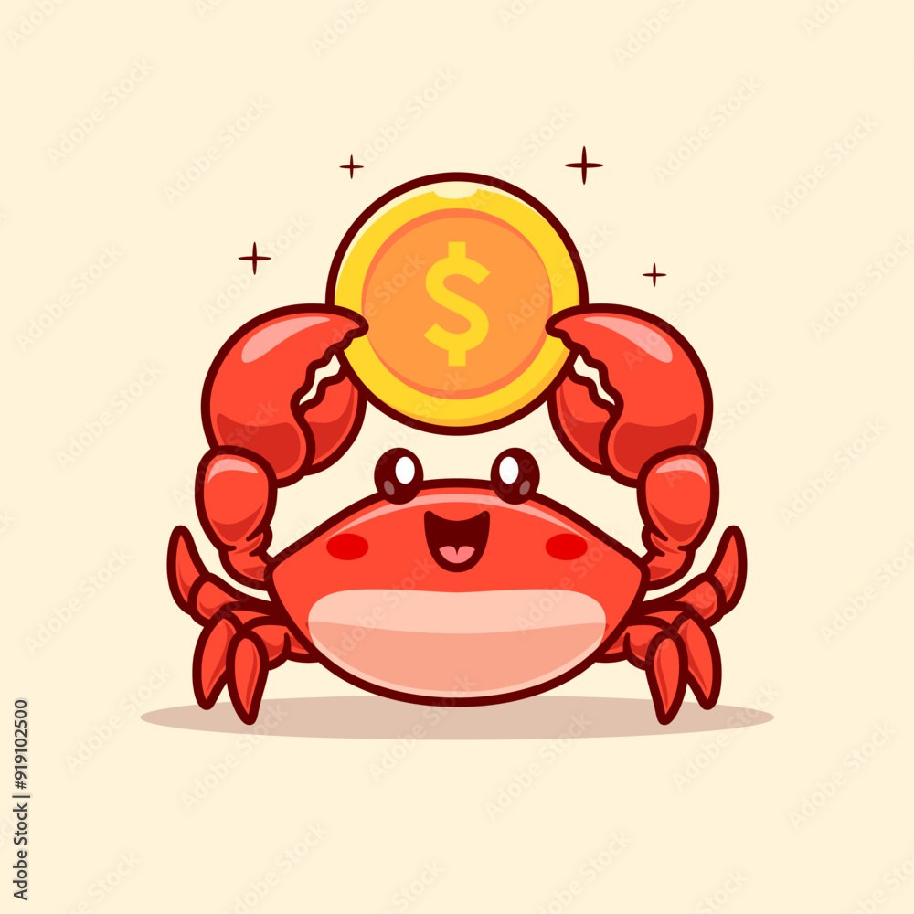Obraz premium Cute Crab Holding Gold Coin Cartoon Vector Icon Illustration. Animal Finance Icon Concept Isolated Premium Vector. Flat Cartoon Style 