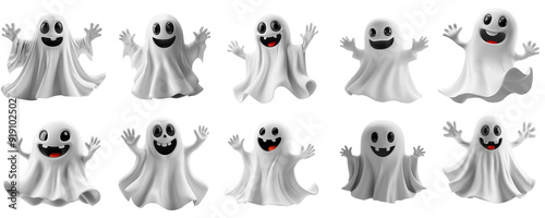 A collection of ten cheerful and friendly cute cartoon ghosts with happy expressions for Halloween, perfect for Halloween-themed designs, party invitations