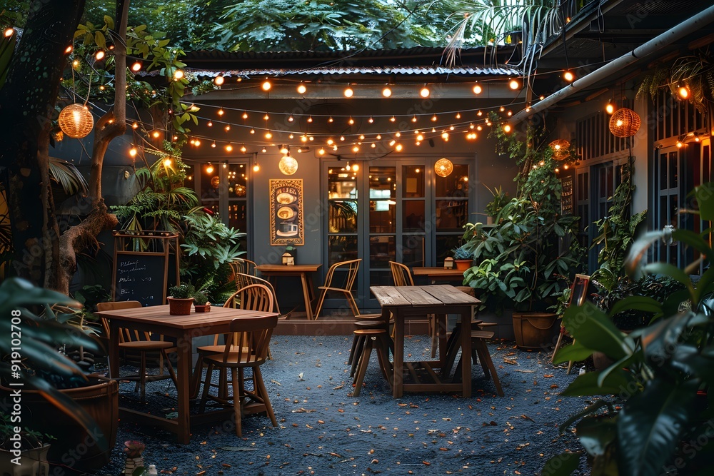 Cozy Outdoor Dining Space with Warm Lights and Lush Greenery Cozy Outdoor Dining Space with Warm Lights and Lush Greenery