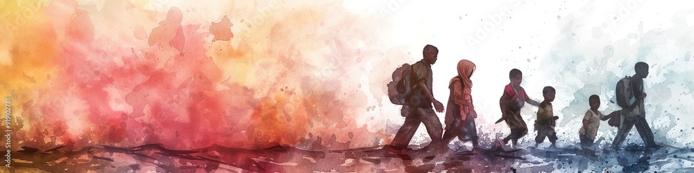 Obraz premium Refugee family flees burned-down city, background banner illustration with copy space, 