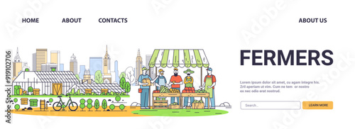 Farmers market sustainable farming eco-friendly practices. Illustration features farmers selling produce at a market with greenhouses and cityscape background. Website design minimalistic style