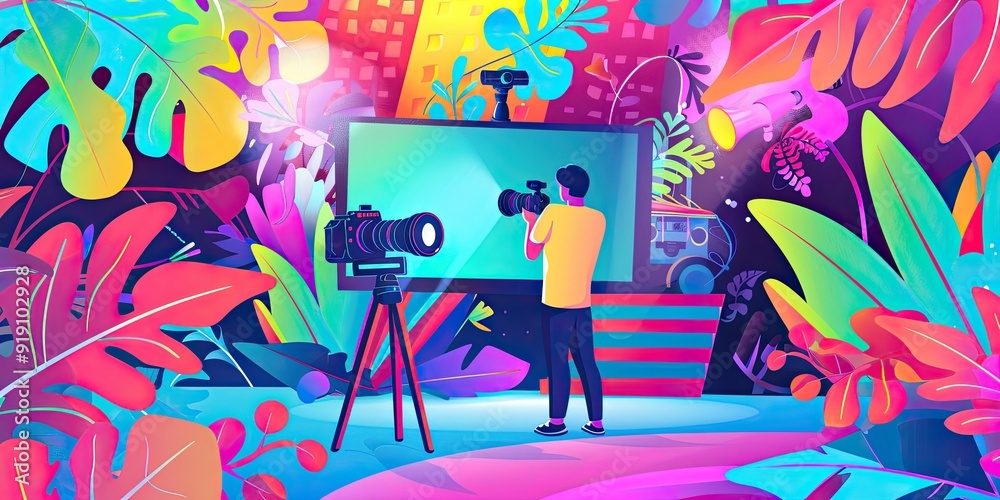 Man filming with camera in colorful setting. Man filming with camera in colorful setting.