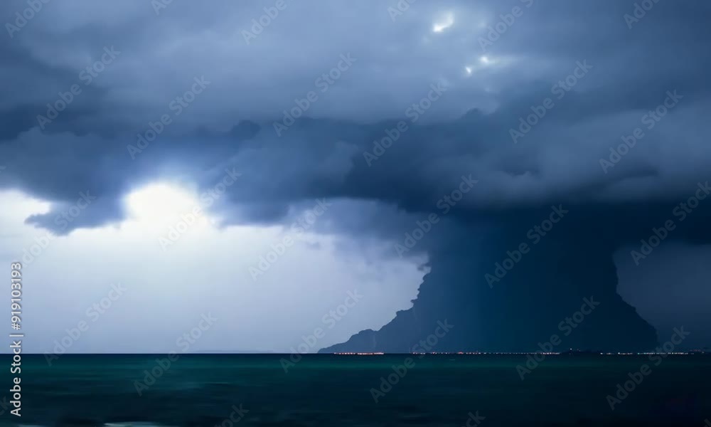 Stormy Seas: A dramatic, moody image of a dark, ominous storm cloud hanging over a rocky island and the sea. The dramatic sky evokes feelings of impending danger and nature's power. Stormy Seas: A dramatic, moody image of a dark, ominous storm cloud hanging over a rocky island and the sea. The dramatic sky evokes feelings of impending danger and nature's power.