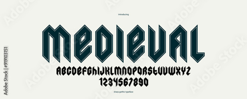 Sharp and bold gothic font for logo creation of for headlines, edgy geometric modern vector typeface, heavy metal and hard rock style alphabet with numbers.