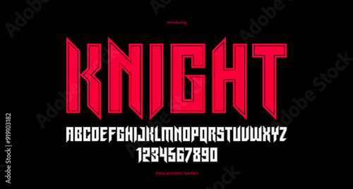 Sharp and bold gothic font for logo creation of for headlines, edgy geometric modern vector typeface, heavy metal and hard rock style alphabet with numbers.