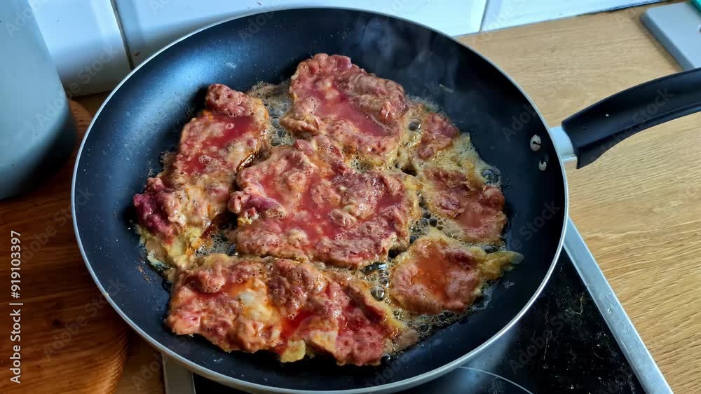 Frying Thinly Sliced Beef in a Pan - Close Up Frying Thinly Sliced Beef in a Pan - Close Up