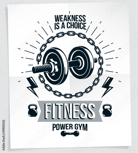 Weight-lifting vector motivation poster composed using disc weight dumbbell and kettle bell sport equipment. Weakness is a choice lettering.