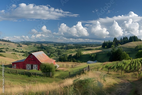 Serene Countryside Landscape with Red Barn and Lush Vineyards