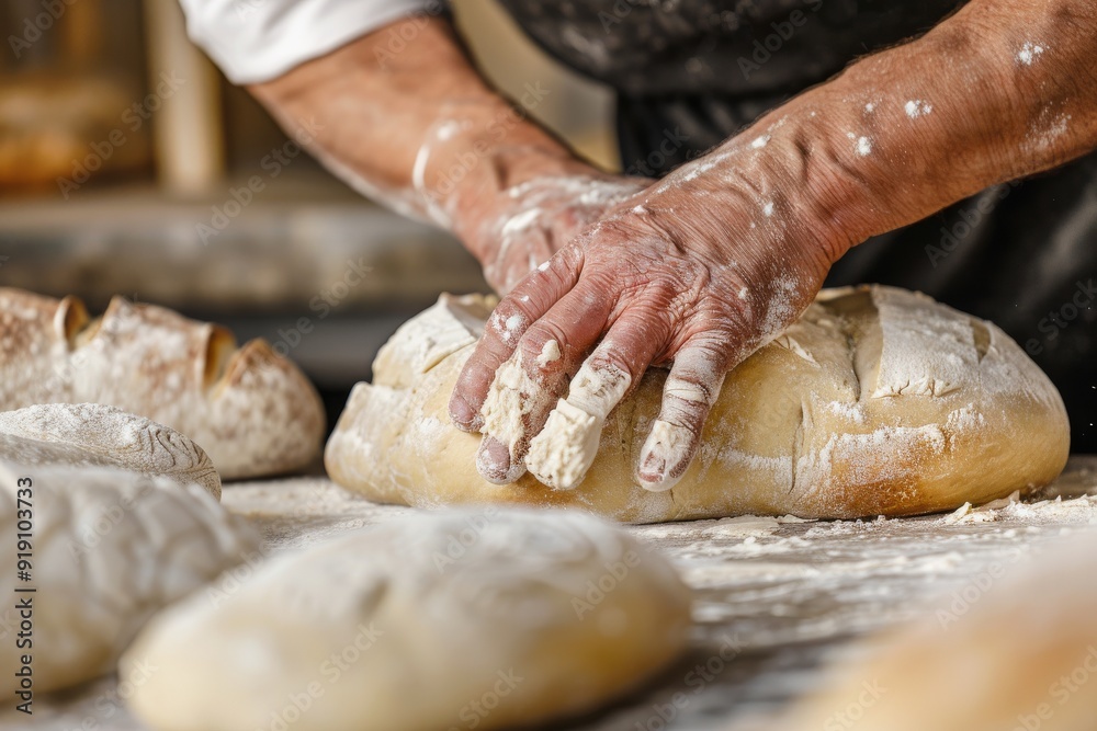 baker at work. The baker shapes the bread. Hands on the close-up form bread. Beautiful simple AI generated image in 4K, unique. baker at work. The baker shapes the bread. Hands on the close-up form bread. Beautiful simple AI generated image in 4K, unique.