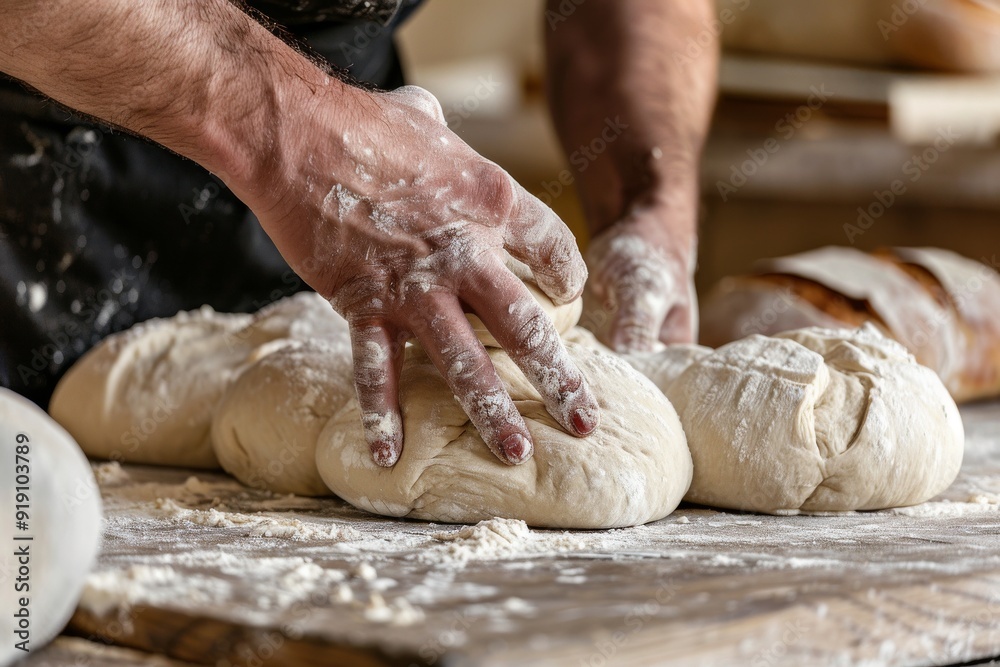 Detail of male hands preparing bread dough - baked wheat bread - Happy Hispanic adult man preparing bread dough. Beautiful simple AI generated image in 4K, unique.