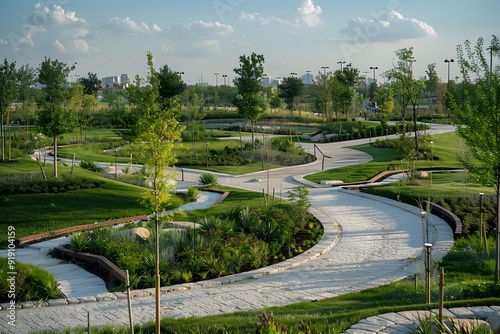 Serene Landscape of Curved Pathways in a Lush Park Setting
