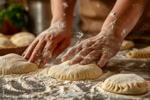 baker at work. The baker shapes the bread. Hands on the close-up form bread. Beautiful simple AI generated image in 4K, unique.