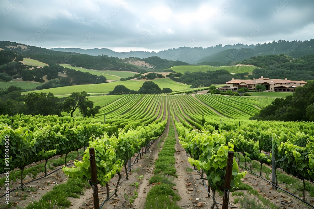 Fototapeta premium Lush Vineyard Landscape Under a Cloudy Sky