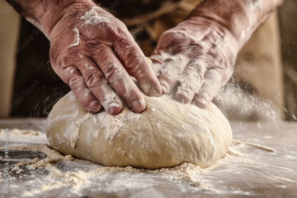Close-up of the hands of a Caucasian female chef pouring flour on a kitchen countertop, mixing dough on a shiny table. Beautiful simple AI generated image in 4K, unique. Close-up of the hands of a Caucasian female chef pouring flour on a kitchen countertop, mixing dough on a shiny table. Beautiful simple AI generated image in 4K, unique.