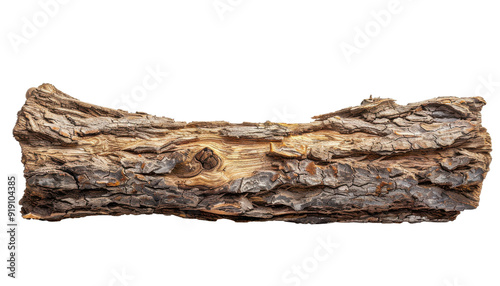 A rustic wooden log showcasing detailed bark textures and natural elements, perfect for nature-themed projects.