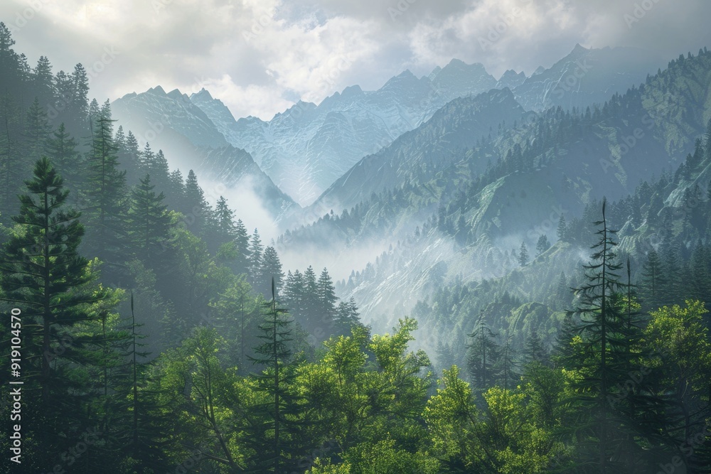 Fototapeta premium Mountain landscape with dense forest in the foreground