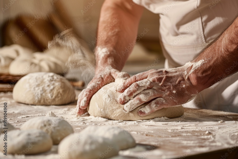 Close-up of the hands of a Caucasian female chef pouring flour on a kitchen countertop, mixing dough on a shiny table. Beautiful simple AI generated image in 4K, unique. Close-up of the hands of a Caucasian female chef pouring flour on a kitchen countertop, mixing dough on a shiny table. Beautiful simple AI generated image in 4K, unique.