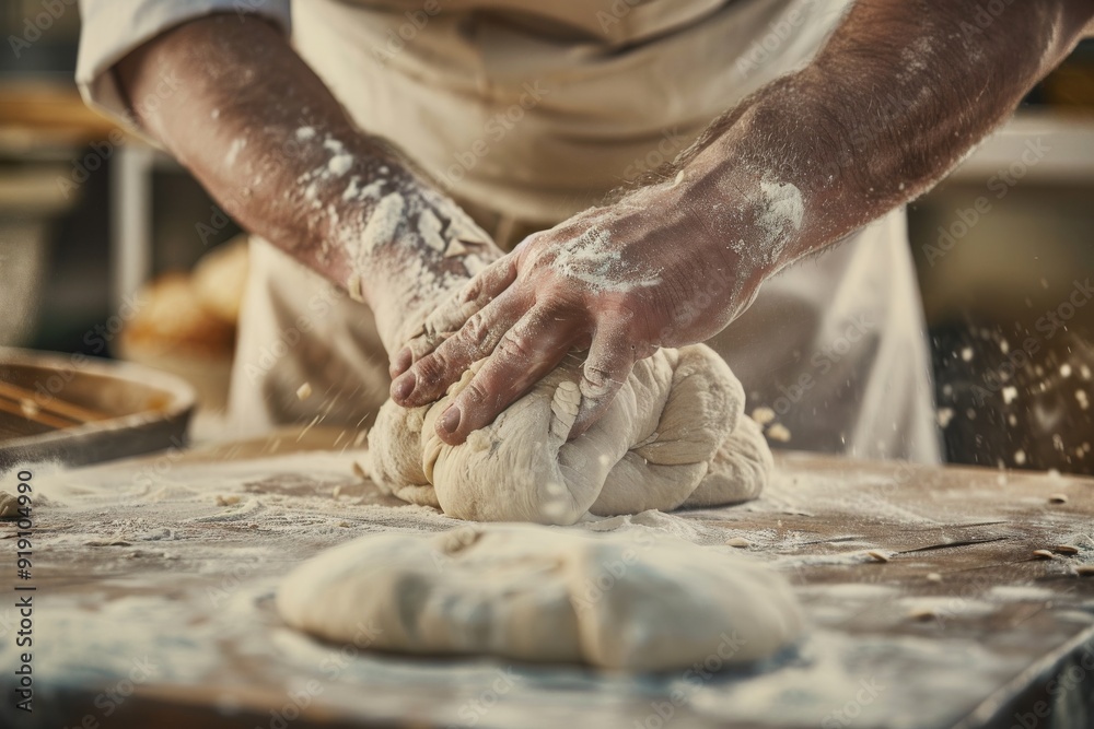 baker at work. The baker shapes the bread. Hands on the close-up form bread. Beautiful simple AI generated image in 4K, unique. baker at work. The baker shapes the bread. Hands on the close-up form bread. Beautiful simple AI generated image in 4K, unique.