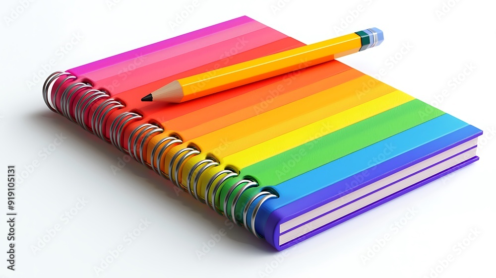 Fototapeta premium A 3D model of a colorful spiral notebook with pages slightly curled, set on a white background. A pencil rests on top, adding a touch of realism.