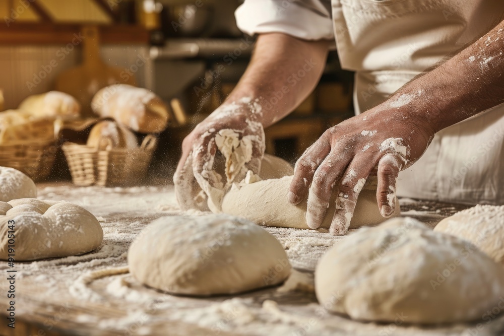 baker at work. The baker shapes the bread. Hands on the close-up form bread. Beautiful simple AI generated image in 4K, unique. baker at work. The baker shapes the bread. Hands on the close-up form bread. Beautiful simple AI generated image in 4K, unique.