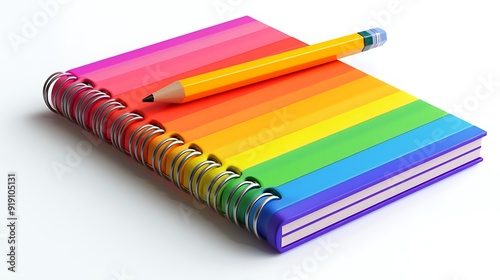 A 3D model of a colorful spiral notebook with pages slightly curled, set on a white background. A pencil rests on top, adding a touch of realism.