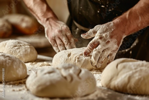 baker at work. The baker shapes the bread. Hands on the close-up form bread. Beautiful simple AI generated image in 4K, unique.