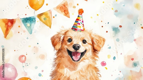 Cheerful watercolor painting of a dog wearing a party hat with colorful balloons and bunting in the background. photo