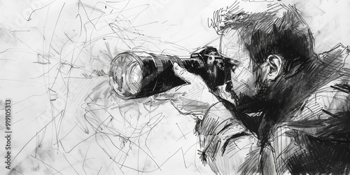 A sketchy black and white drawing of a photographer.
