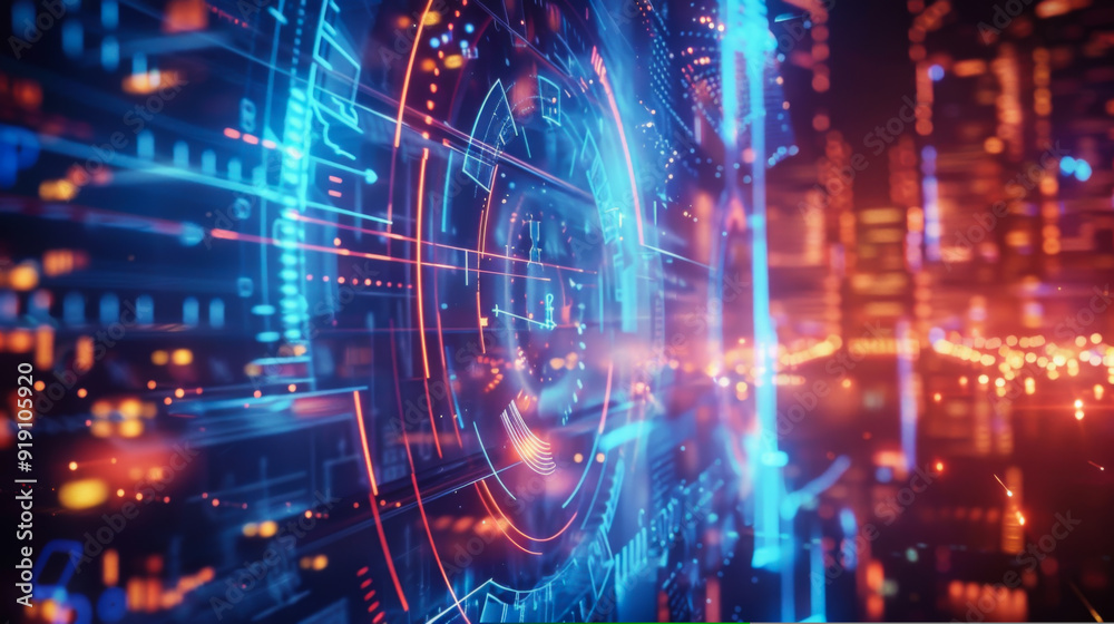 A computer generated image of a city with a glowing blue-orange background. Abstract background. Concept of technology, modernity. A computer generated image of a city with a glowing blue-orange background. Abstract background. Concept of technology, modernity.