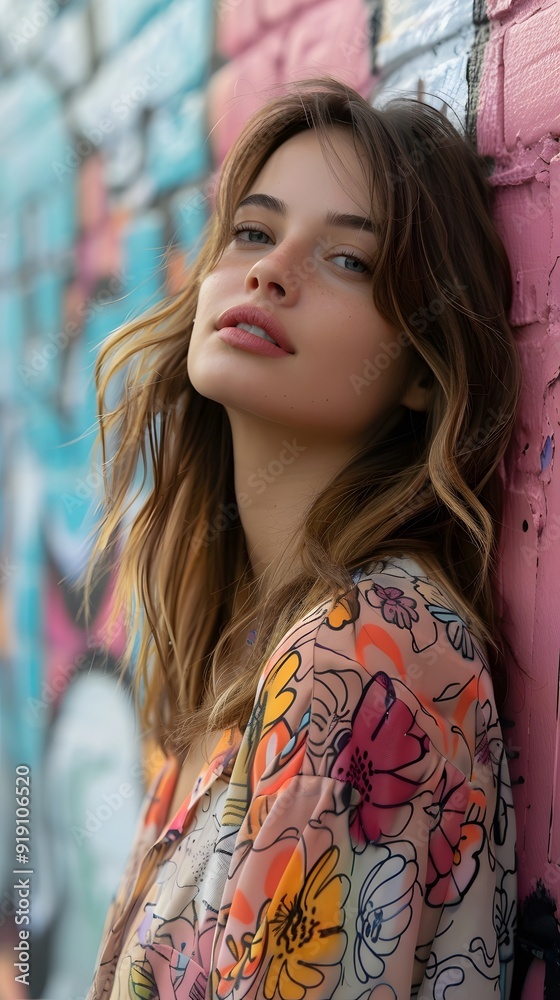 Captivating Portrait of a Young Woman Against a Colorful Graffiti Background Captivating Portrait of a Young Woman Against a Colorful Graffiti Background