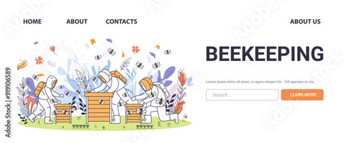 Beekeeping concept eco-friendly farming beekeepers tending hives surrounded by bees and plants minimalistic line art