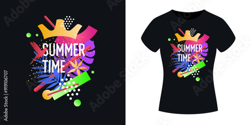 An illustration for clothes. Print on the T-shirt. Modern fashion illustration. A vector graphic image. A template for placing an illustration on clothes. The inscription is summer time.