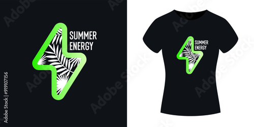 An illustration for clothes. Print on the T-shirt. Modern fashion illustration. A vector graphic image. A template for placing an illustration on clothes. The inscription is summer energy.