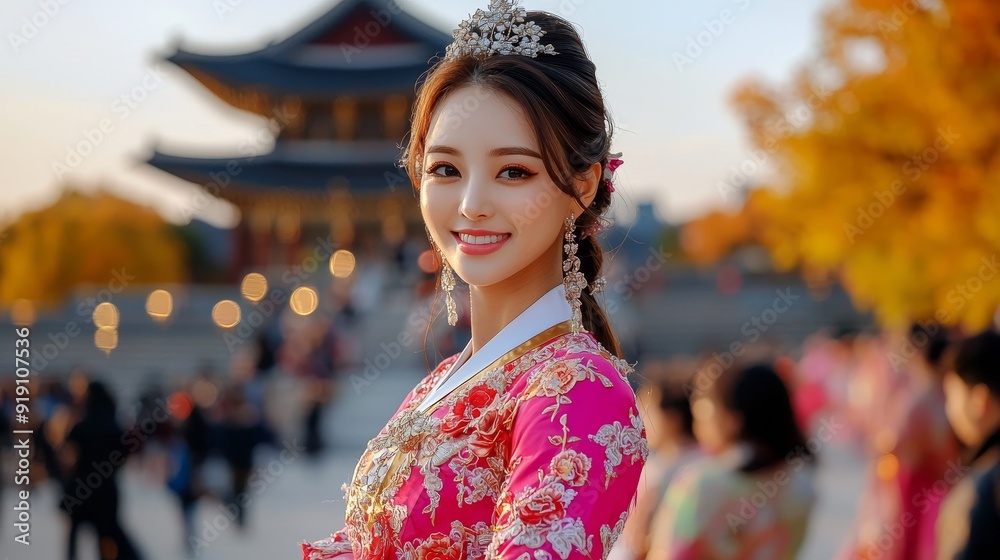 Traditional Korean Hanbok dresses, women in palace setting