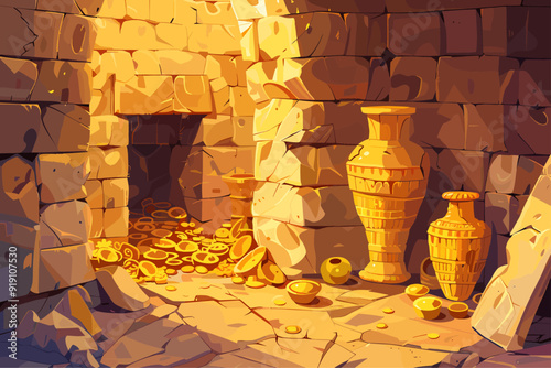 Treasure trove horizontal landscape. Tomb Interior. Narrow space golden vases jewelry. Sandy color stone masonry wall. Ancient abandoned hidden location. Cartoon style vector illustration