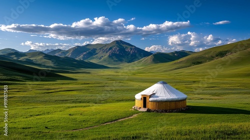 Traditional Mongolian ger (yurt) on vast steppes photo