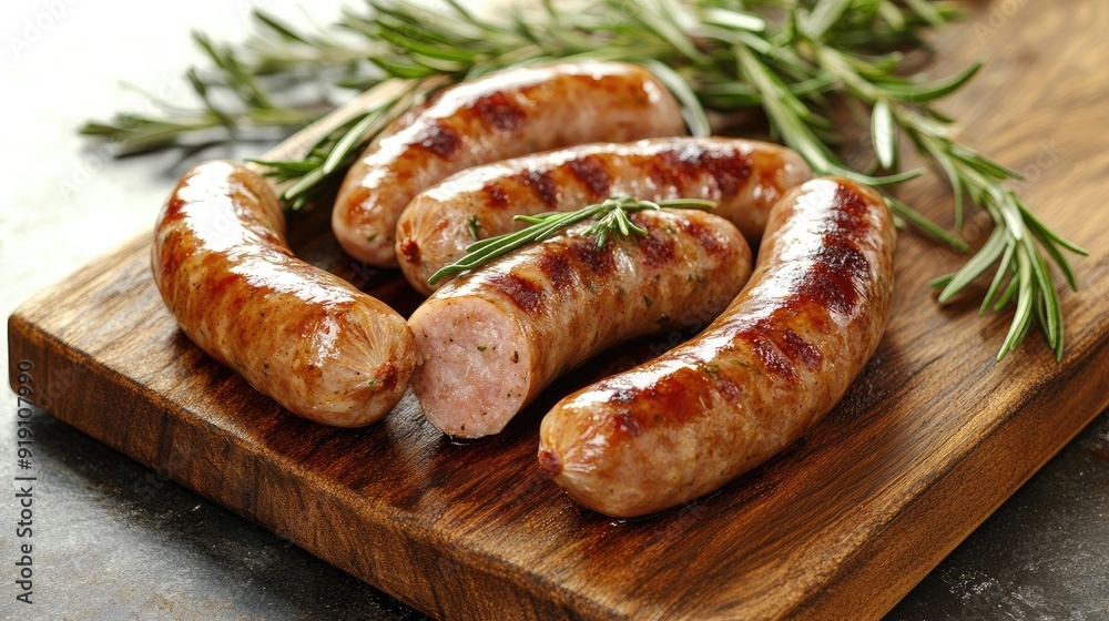 Juicy roasted Bavarian sausages with rosemary, served on a wooden board, perfect for a comforting and flavorful meal. Juicy roasted Bavarian sausages with rosemary, served on a wooden board, perfect for a comforting and flavorful meal.
