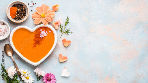 A bowl of soup is surrounded by flowers and spices. The bowl is shaped like a heart, and the flowers are scattered around it. The spices include pepper, salt, and chili flakes. photo